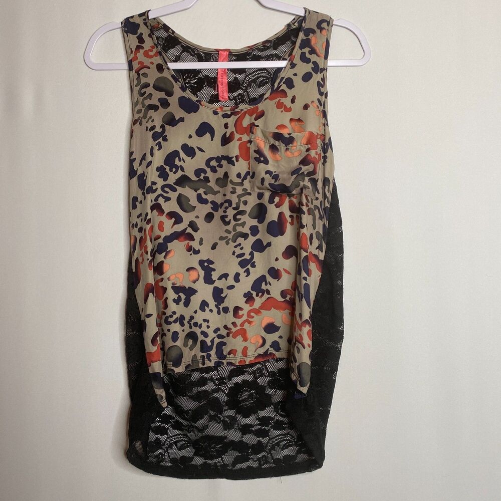 Vintage 100% Silk Animal Print and Floral Lace Top Racer-Back Made in USA Size S